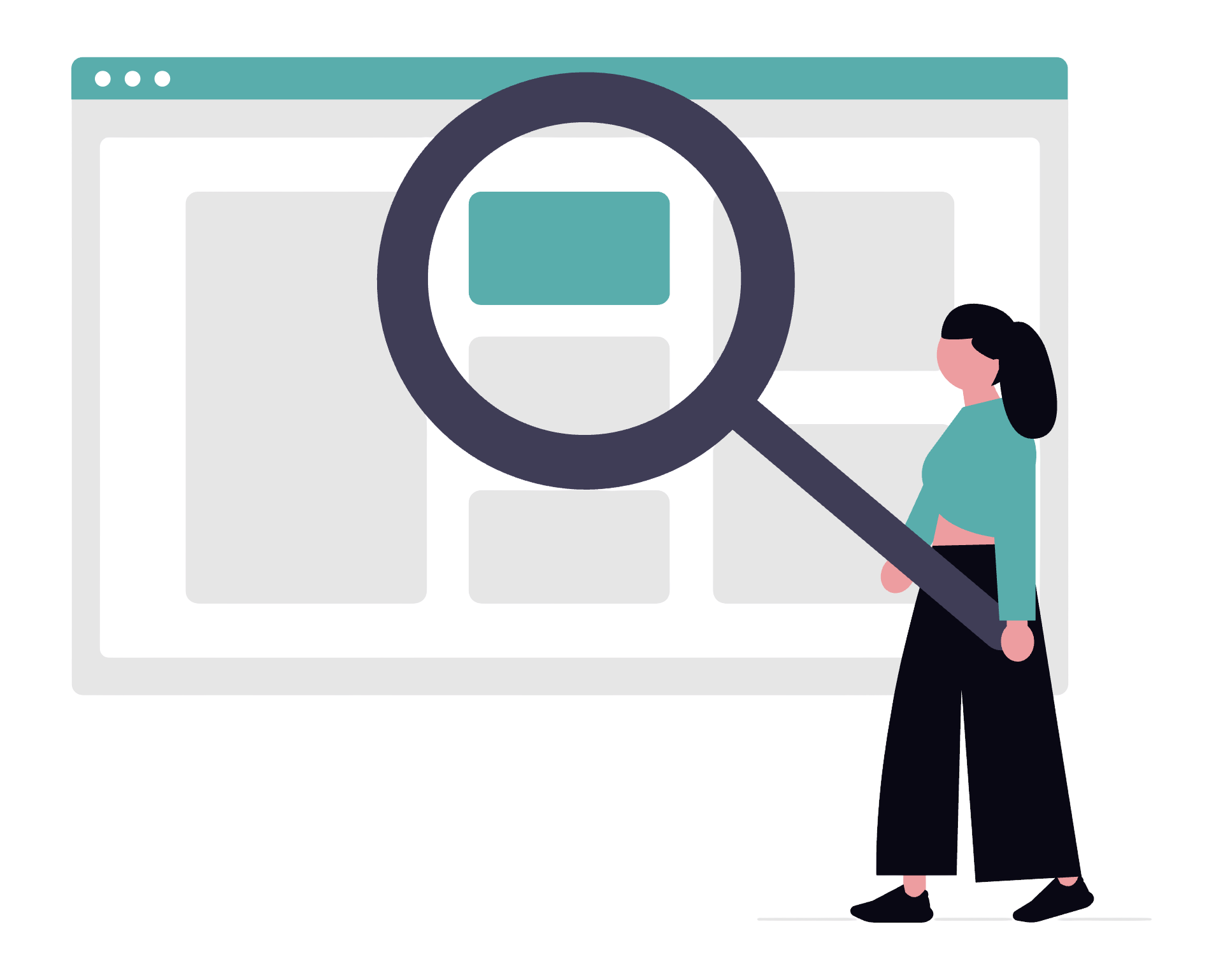 Illustration of a person inspecting a website with a magnifying glass
